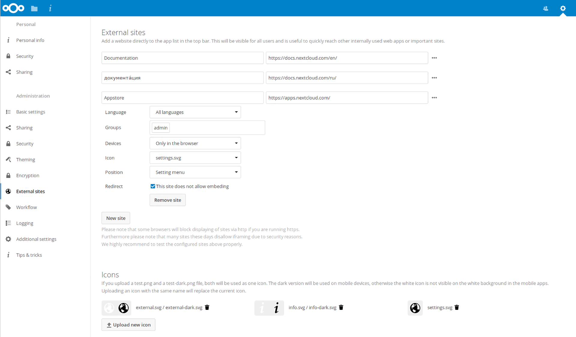 Externí stránky a záložky